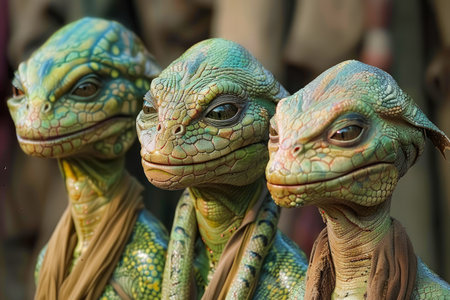 Three Lifelike Dinosaur Models Exhibiting Detailed Textures and Realistic Expressions on Display AI Generativeの素材