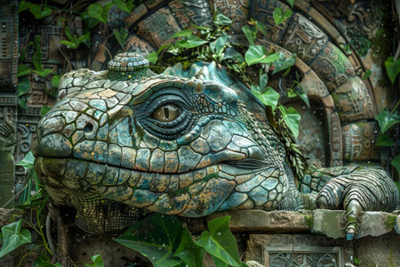 Enigmatic Stone Sculpture of Mystical Lizard Blending with Ancient Ruins in Lush Forest Setting AI Generativeの素材