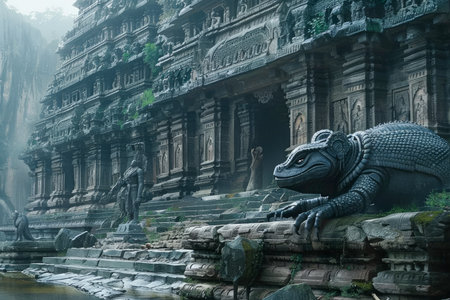 Majestic Ancient Temple with Mysterious Crocodile in Mystical Foggy Jungle Scene AI Generativeの素材