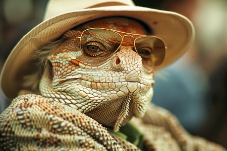 Stylish Iguana Wearing Sunglasses and Hat Posing for a Summer Themed Close Up, Exotic Reptile Fashion Concept on a Blurry Background AI Generativeの素材
