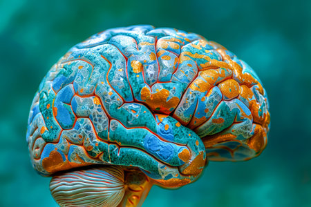Vibrant Painted Human Brain Model Illustration for Neurology and Creativity Concepts on Textured Background AI Generativeの素材