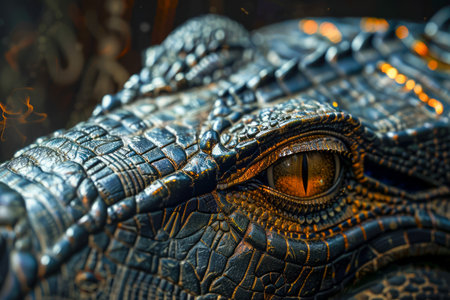 Extreme Close Up of Intricate Crocodile Scale Texture with Piercing Eye in a Natural Setting AI Generativeの素材