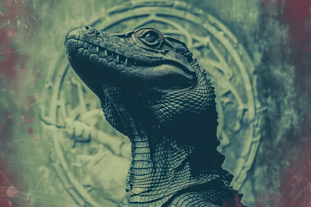 Vintage Style Portrait of a Lizard with Mystical Ornament Background, Artistic Wildlife Concept AI Generativeの素材