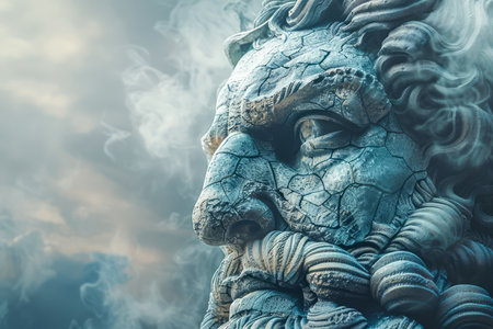 Majestic Ancient Statue Carving with Dramatic Sky Historical Art Sculpture with Cloudscape Background AI Generativeの素材