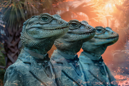 Three Realistic Model Dinosaurs Heads in a Row Against a Vivid Sunset Background With Flare AI Generativeの素材