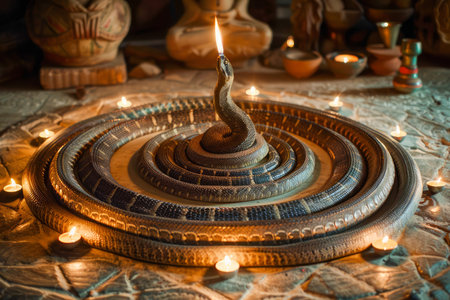 Traditional Clay Oil Lamp Lit with Flame in Spiral Design Illuminating in a Dark Ambient Room with Cultural Artifacts AI Generativeの素材