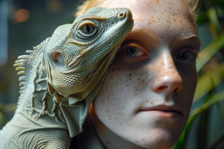Young Woman with Green Iguana on Shoulder, Exotic Pet and Owner Bonding, Close Up Portrait with Reptile AI Generativeの素材