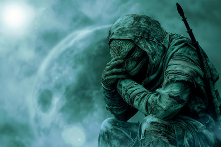 Mysterious Warrior Contemplating in a Moonlit Fantasy Landscape with Dramatic Lighting and Ethereal Atmosphere AI Generativeの素材