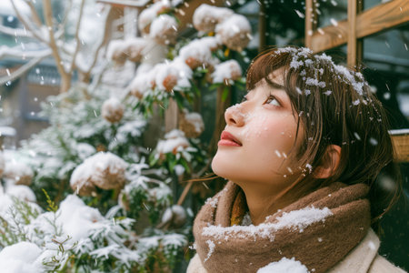 Serene Winter Portrait of Young Woman Gazing Skyward Amidst Falling Snowflakes, Scarf Wrapped Cozily AI Generativeの素材