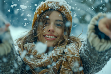 Joyful Young Woman Enjoying a Snowy Day Outdoors in Winter Clothing AI Generativeの素材
