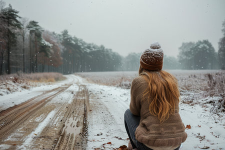 Solitary Woman Contemplating a Snowy Path in a Winter Forest Scene, Tranquil and Moody Outdoor Landscape AI Generativeの素材