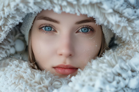 Close Up Portrait of a Young Woman with Striking Blue Eyes Wrapped in Warm, Cozy Winter Clothing, Peering Out Of Hood AI Generativeの素材