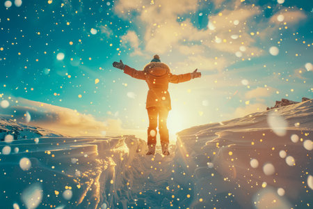 Joyful Person Raising Hands in Winter Wonderland During Golden Sunset with Snowflakes AI Generativeの素材