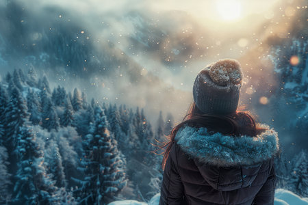 Woman in Warm Clothing Enjoying Majestic Snowy Forest Landscape at Sunset AI Generativeの素材