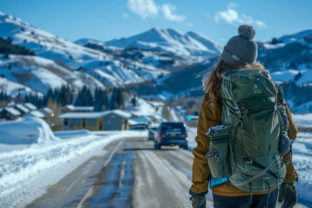 Solo Female Traveler Backpacking in Snowy Mountain Village Scenery on Sunny Winter Day AI Generativeの素材