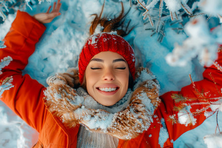Happy Woman Lying in Snow Enjoying Winter Season Wearing Bright Orange Jacket and Red Hat AI Generativeの素材