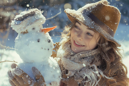 Smiling Young Girl Wearing Hat Building Snowman in Winter Wonderland, Happy Childhood Memories in Snowy Landscape AI Generativeの素材
