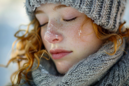 Close up Portrait of a Young Woman with Red Hair Feeling Cold, Tears Frozen on Face in Winter AI Generativeの素材