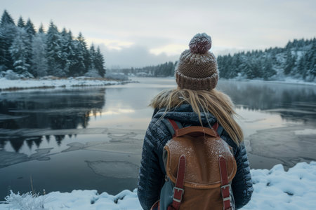 Solo Traveler with Backpack Contemplating the Tranquil Winter Landscape by a Frozen Lake, Surrounded by Snow Covered Pines at Twilight AI Generativeの素材
