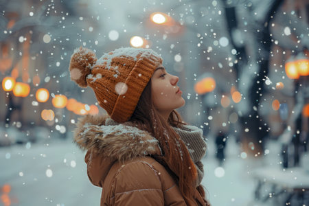 Young Woman Enjoying a Serene Snowfall in Winter Wonderland, Peaceful Moment in Snowy Urban Setting AI Generativeの素材