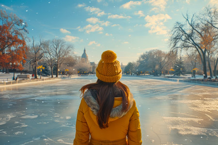Young Woman in a Yellow Coat and Beanie Enjoying a Serene Winter Park Scene with Sunlit Snowy Trees and Ice Covered Pond AI Generativeの素材