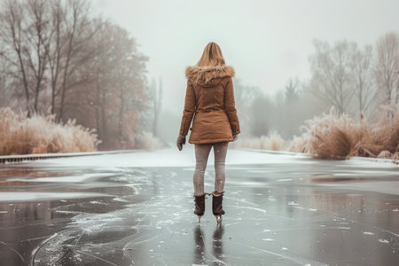 Solitary Woman Standing on Frozen Lake amid Winter Landscape, Serene Snowy Weather, Nature Contemplation AI Generativeの素材