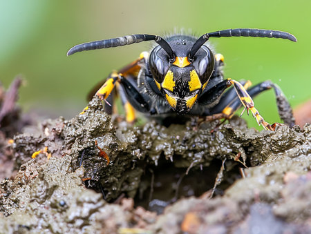 Close Up Shot of a Yellow and Black Wasp on Natural Background, Detailed Insect Portrait, Wildlife Photography AI Generativeの素材