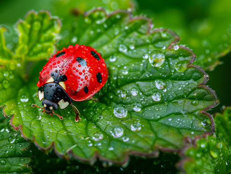 Close up of Vibrant Ladybug with Water Drops on Lush Green Leaf in Natural Environment AI Generativeの素材