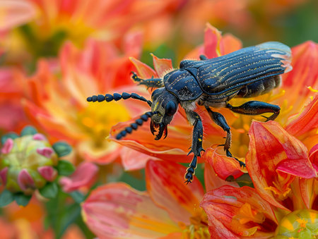 Close up of a Detailed Black Beetle on Vibrant Orange and Yellow Dahlia Flowers in Natural Setting AI Generativeの素材