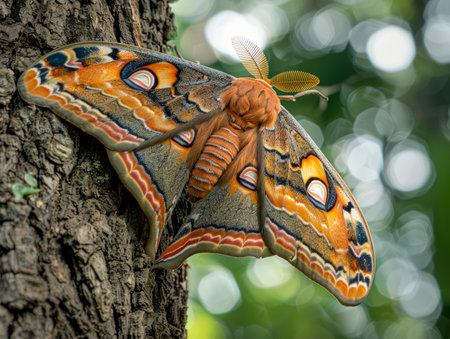 Close up of a Vibrant Emperor Moth with Ornate Patterns Resting on Tree Bark in Natural Habitat AI Generativeの素材