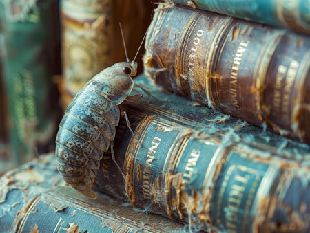 Macro Photography of a Woodlouse Crawling Over Antique Leather Bound Books Stack AI Generativeの素材