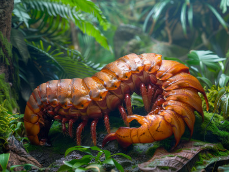 Enormous Centipede in Lush Jungle Habitat with Vivid Greenery, Tropical Insect Close Up AI Generativeの素材