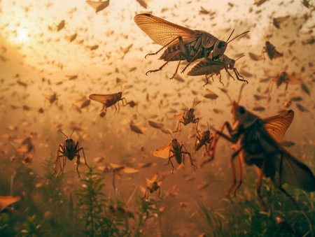 Swarm of Locusts in a Sunlit Sky Captured in High Resolution Detail, Perfect for Natural Disaster or Agricultural Themes AI Generativeの素材