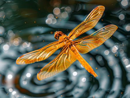 Close up of a Glowing Golden Dragonfly Perched Delicately on Water Surface with Rippling Reflections and Nature Backdrop AI Generativeの素材