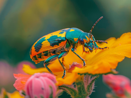 Vibrant Colored Beetle on a Blossoming Orange Flower with Soft Green Background in Nature AI Generativeの素材