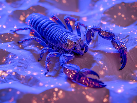Vibrant Ultraviolet Light Photography of a Scorpion Glowing in Fluorescent Purple Tones on Textured Surface AI Generativeの素材