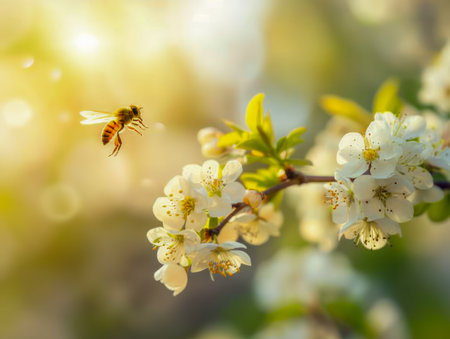 Sunlit Blossoming Branch with Honeybee Pollinating White Spring Flowers Against a Blurred Background AI Generativeの素材