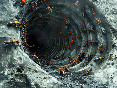 Surreal Black Hole Entrance with Vivid Orange Beetles on Textured Surface, Abstract Conceptual Background AI Generativeの素材