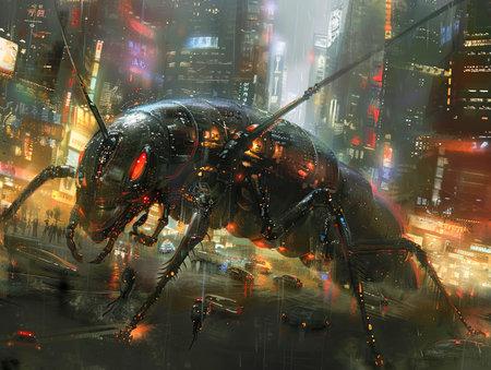 Futuristic Giant Mechanical Ant Roaming Through a Cyberpunk City at Night AI Generativeの素材