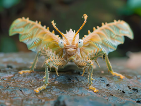 Colorful Detailed Macro Close Up of Exotic Spiny Flower Mantis on Natural Wood Background in Tropical Habitat AI Generativeの素材
