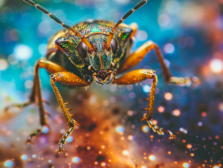 Macro Close Up of a Vibrant Beetle on a Moist Surface with Water Droplets, Vivid Entomological Wildlife Detail AI Generativeの素材