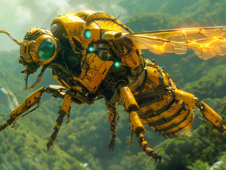 Futuristic Robotic Bee Flying in Green Mountainous Landscape, Advanced Technology Concept, Insectoid Drone in Nature AI Generativeの素材