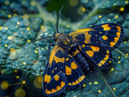 Colorful Butterfly Resting on Dewy Green Leaves in Natural Habitat Close up with Vibrant Details AI Generativeの素材