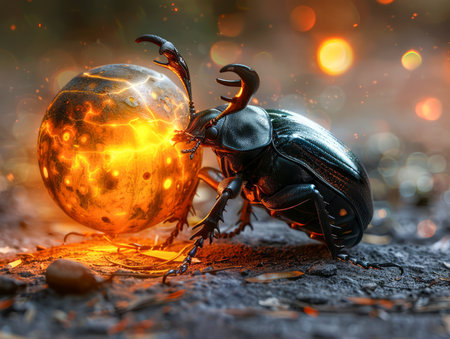 Surreal Scene of a Beetle Pushing a Glowing Sphere During Twilight with Bokeh Effect AI Generativeの素材