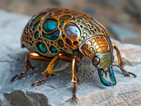 Intricate Steampunk Beetle Sculpture with Metallic Details on Rustic Background AI Generativeの素材
