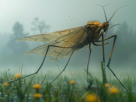 Macro Photography of Mosquito in Misty Meadow with Dew on Grass and Yellow Wildflowers AI Generativeの素材