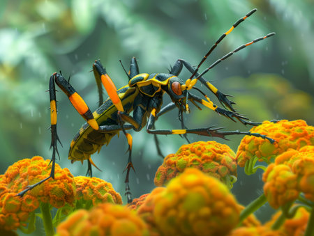 Vibrant Yellow and Black Striped Insects on Orange Flowers with Lush Green Background AI Generativeの素材