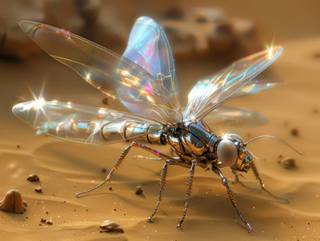 Surreal Iridescent Dragonfly on a Golden Landscape Fantasy Macro Photography AI Generativeの素材