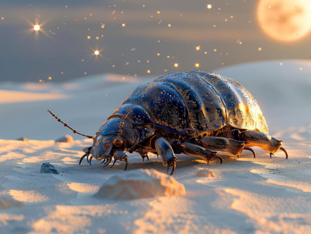 Macro Shot of a Dew Covered Beetle on a Shimmering Sandy Surface with Glistening Sunlight AI Generativeの素材
