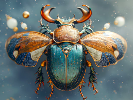 Majestic Fantasy Beetle with Vibrant Textured Wings and Shiny Metallic Body in an Enchanted Atmosphere AI Generativeの素材